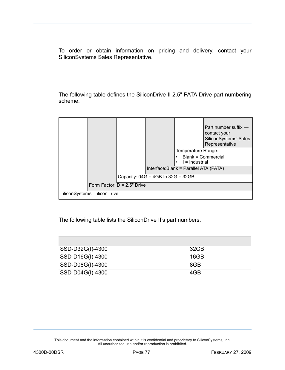 Sales and support, Part numbering, Nomenclature | Part numbers, Table 64: part numbering nomenclature, Table 65: part numbers | Silicon Image SiliconDrive SSD-D32G(I)-4300 User Manual | Page 86 / 88