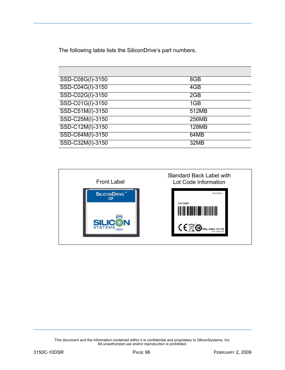 Part numbers, Sample label, Figure 8: sample label | Table 84: part numbers | Silicon Image SiliconDrive CF SSD-C08G(I)-3150 User Manual | Page 106 / 107