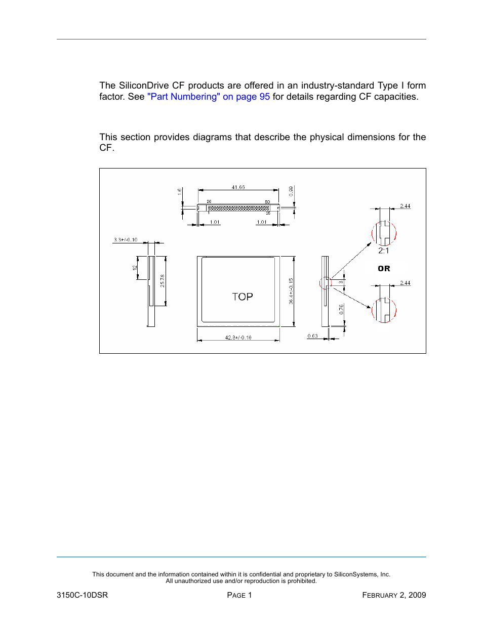 Physical specifications, Physical dimensions, Figure 1: physical dimensions | Silicon Image SiliconDrive CF SSD-C08G(I)-3150 User Manual | Page 11 / 107