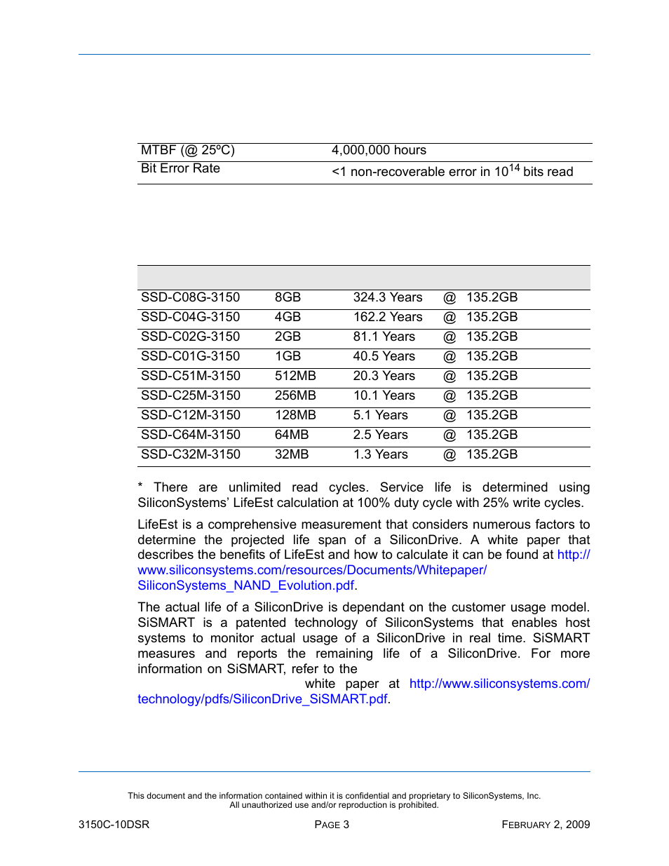 Reliability, Projected operational life span, Table 3: reliability | Table 4: operational life span | Silicon Image SiliconDrive CF SSD-C08G(I)-3150 User Manual | Page 13 / 107