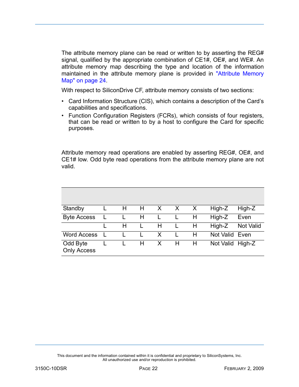 Attribute memory description and operation, Attribute memory read operations, Table 18: attribute memory read operations | Silicon Image SiliconDrive CF SSD-C08G(I)-3150 User Manual | Page 32 / 107