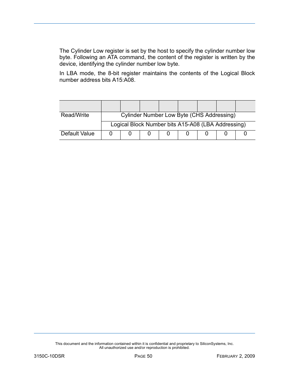 Cylinder low register, Table 38: cylinder low register | Silicon Image SiliconDrive CF SSD-C08G(I)-3150 User Manual | Page 60 / 107