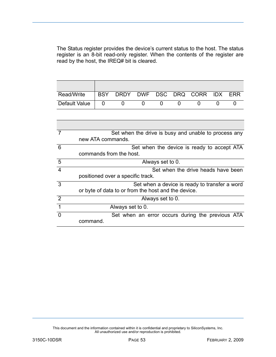 Status register, Table 41: status register | Silicon Image SiliconDrive CF SSD-C08G(I)-3150 User Manual | Page 63 / 107