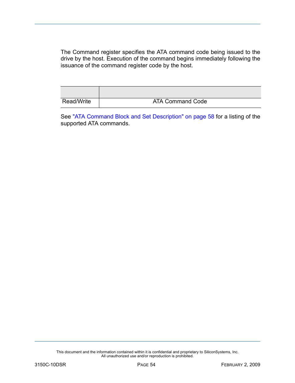 Command register, Table 42: command register | Silicon Image SiliconDrive CF SSD-C08G(I)-3150 User Manual | Page 64 / 107