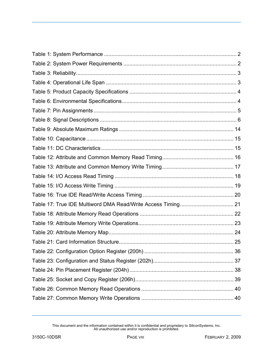 List of tables, Ables | Silicon Image SiliconDrive CF SSD-C08G(I)-3150 User Manual | Page 8 / 107