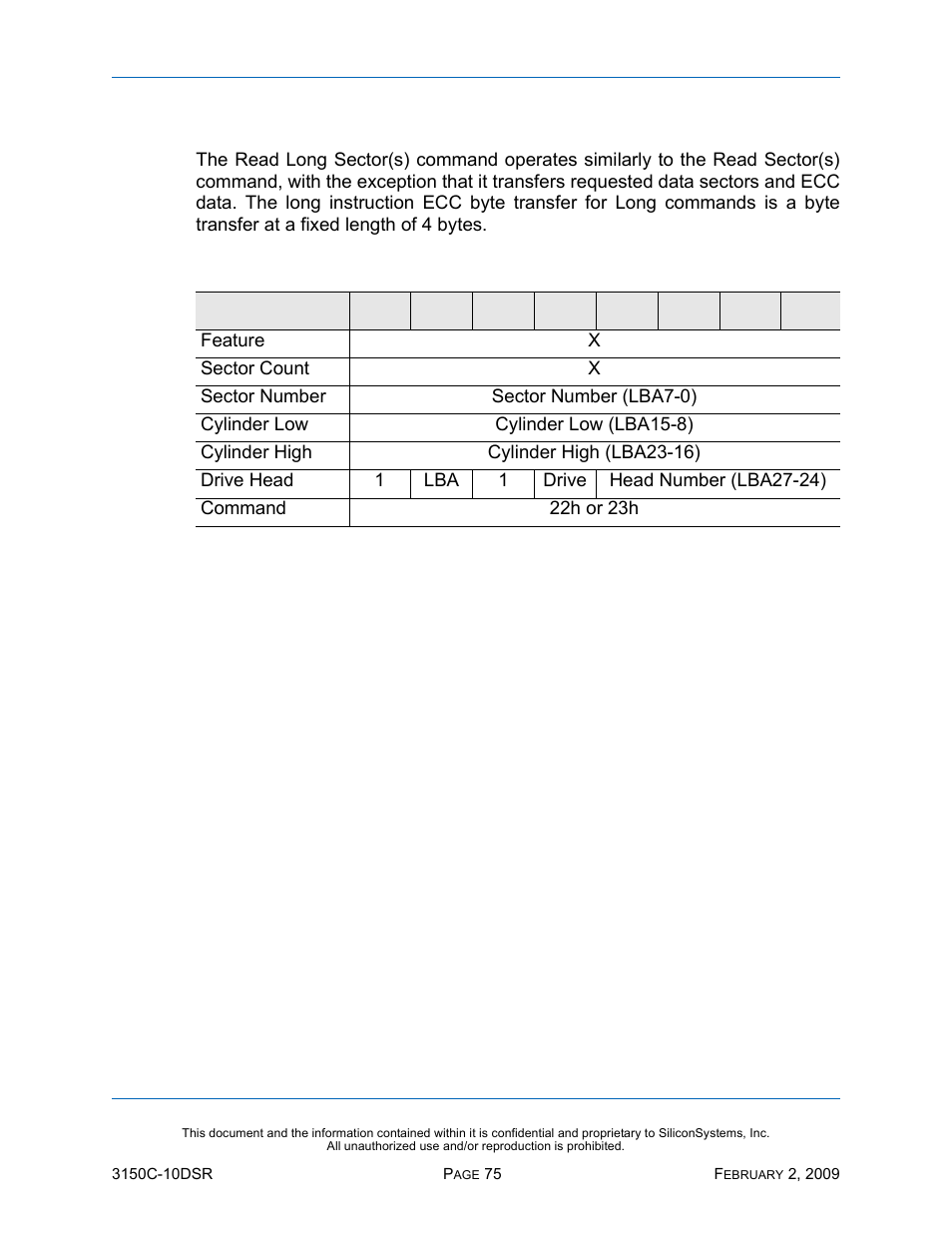 Read long sector(s) - 22h, 23h, Read long sector(s) — 22h, 23h, Table 61: read long sector(s) — 22h, 23h | Silicon Image SiliconDrive CF SSD-C08G(I)-3150 User Manual | Page 85 / 107