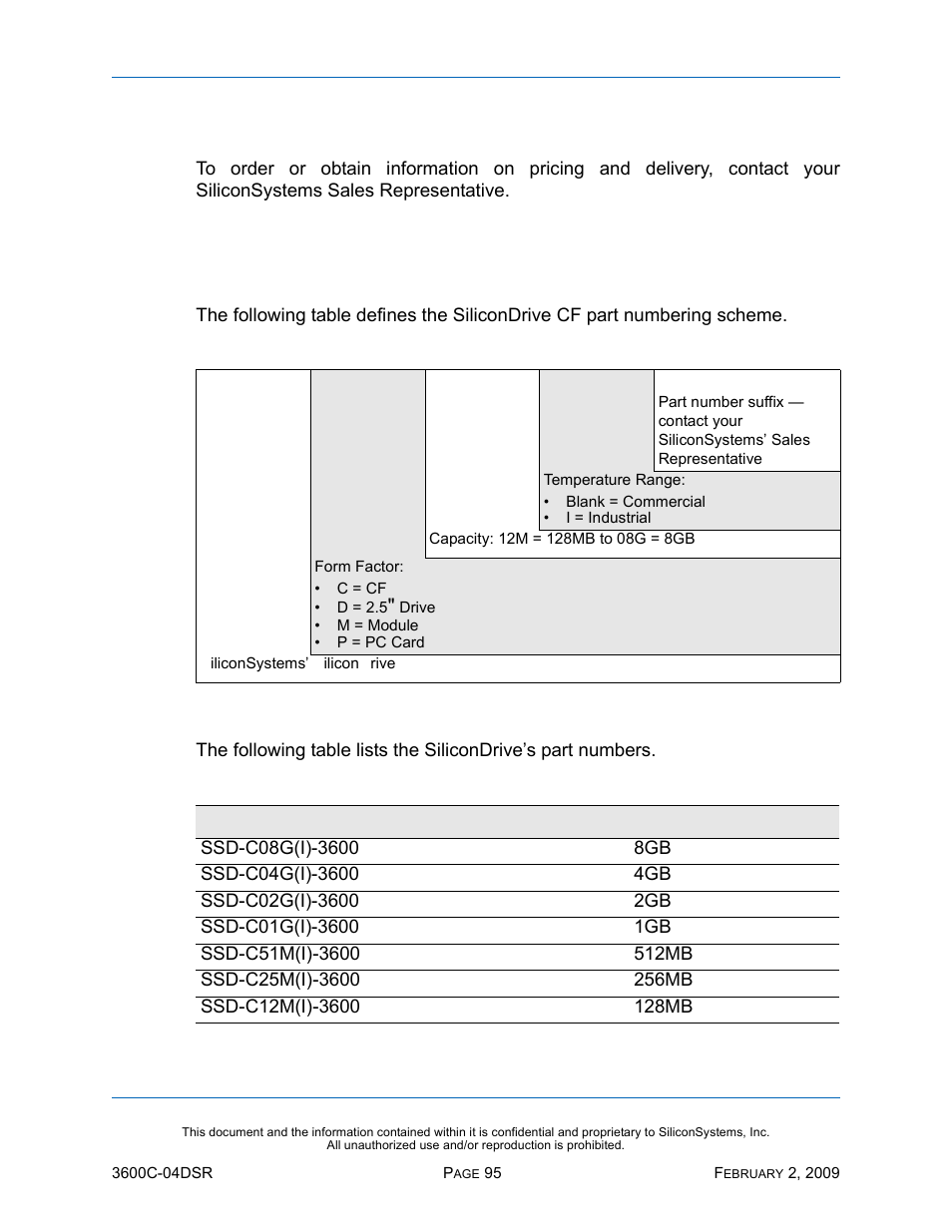 Sales and support, Part numbering, Nomenclature | Part numbers, Table 83: part numbering nomenclature, Table 84: part numbers | Silicon Image SiliconDrive SSD-C08G(I)-3600 User Manual | Page 105 / 107