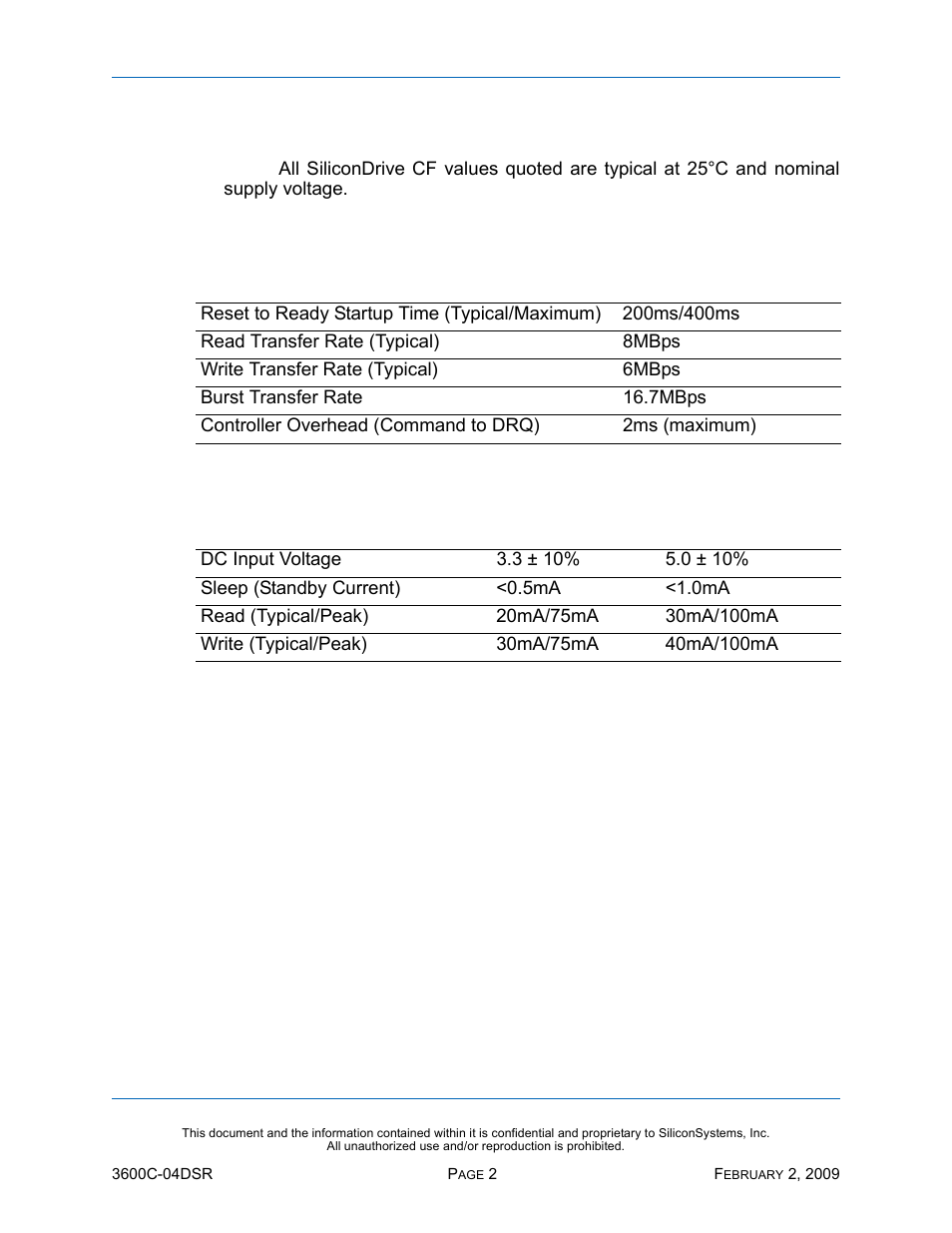 Product specifications, System performance, System power requirements | Table 1: system performance, Table 2: system power requirements | Silicon Image SiliconDrive SSD-C08G(I)-3600 User Manual | Page 12 / 107