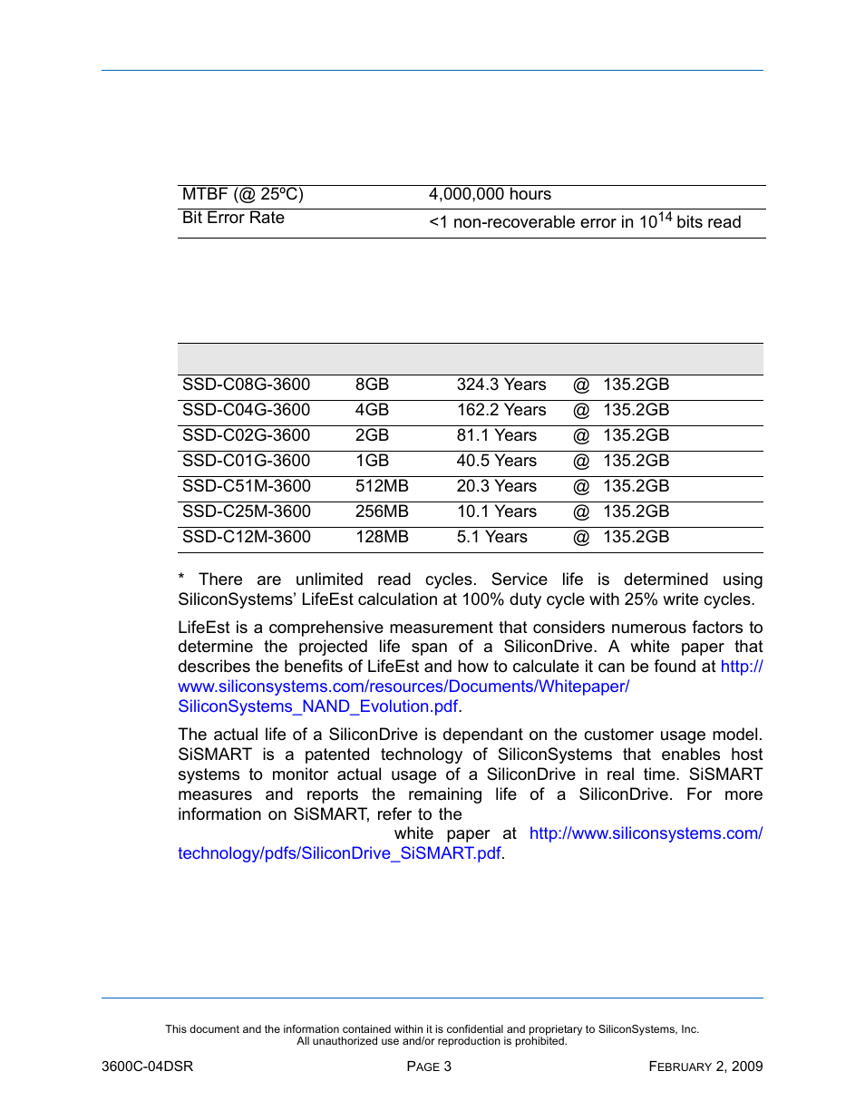 Reliability, Projected operational life span, Table 3: reliability | Table 4: operational life span | Silicon Image SiliconDrive SSD-C08G(I)-3600 User Manual | Page 13 / 107