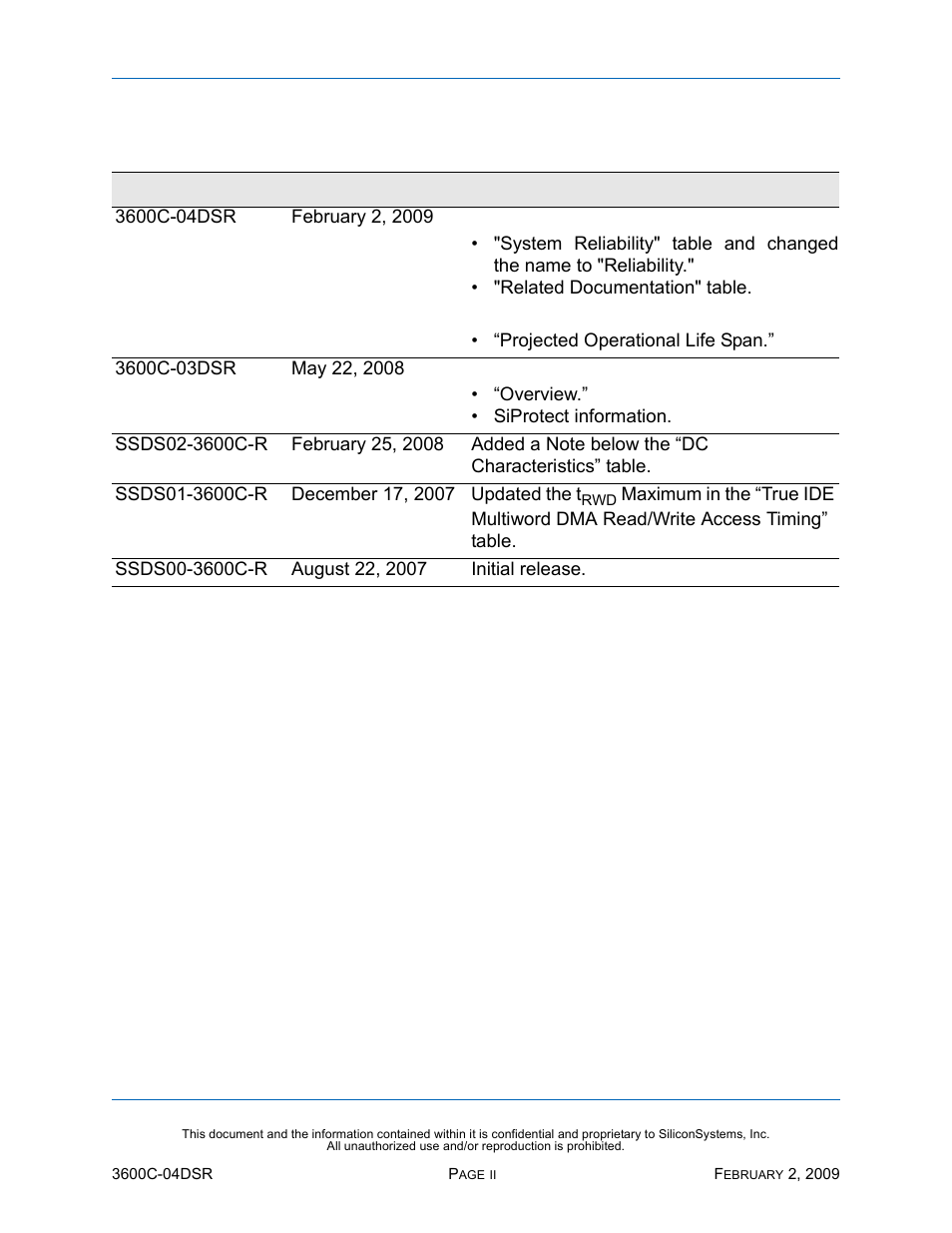 Revision history | Silicon Image SiliconDrive SSD-C08G(I)-3600 User Manual | Page 2 / 107