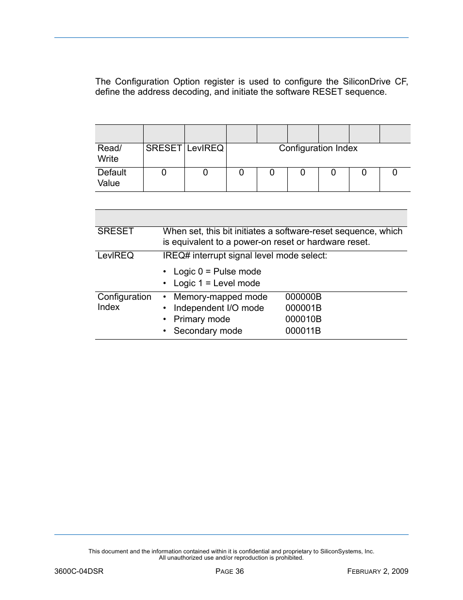 Configuration option register (200h), Table 22: configuration option register (200h) | Silicon Image SiliconDrive SSD-C08G(I)-3600 User Manual | Page 46 / 107