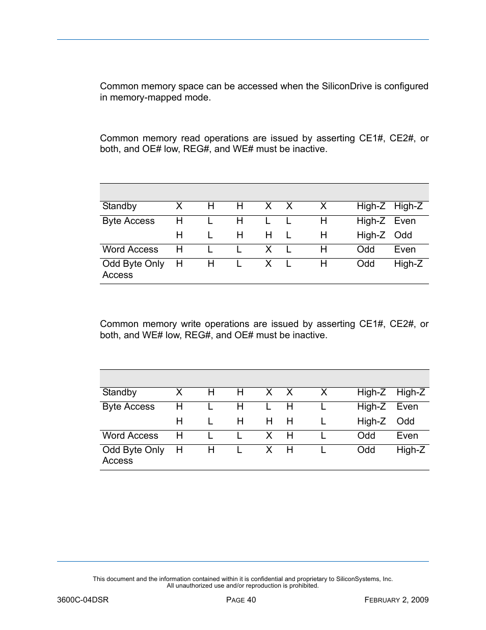 Common memory description and operation, Common memory read operations, Common memory write operations | Table 26: common memory read operations, Table 27: common memory write operations, Common, Common memory write | Silicon Image SiliconDrive SSD-C08G(I)-3600 User Manual | Page 50 / 107