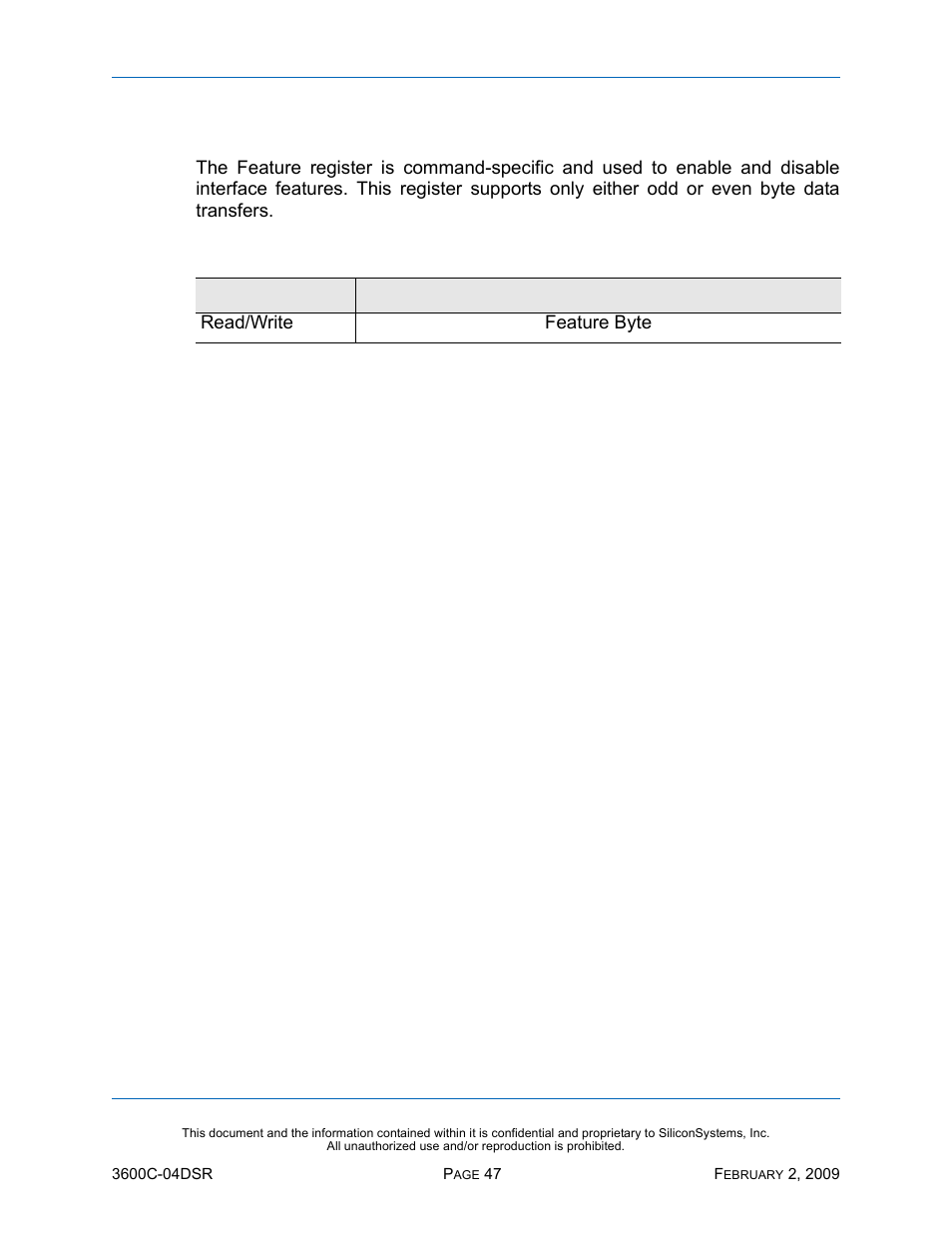 Feature register, Table 35: feature register | Silicon Image SiliconDrive SSD-C08G(I)-3600 User Manual | Page 57 / 107