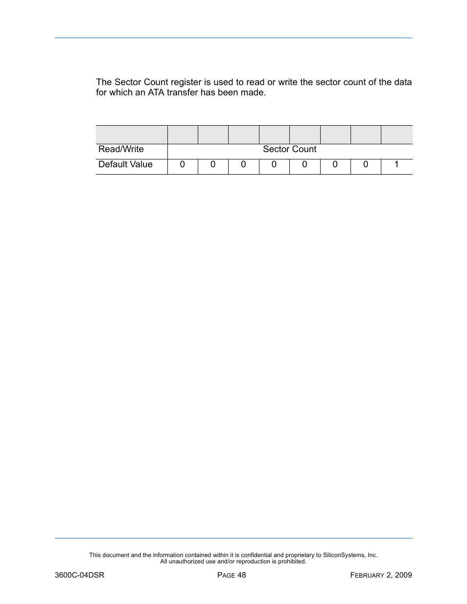 Sector count register, Table 36: sector count register | Silicon Image SiliconDrive SSD-C08G(I)-3600 User Manual | Page 58 / 107