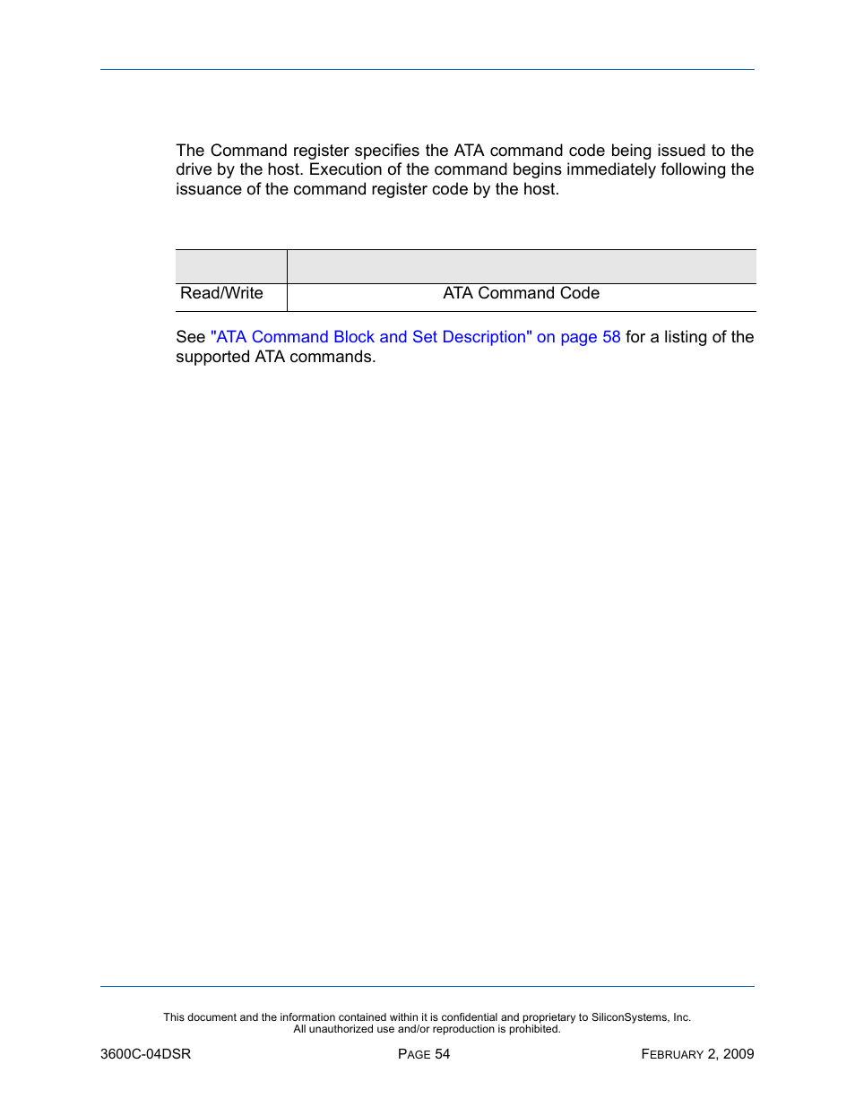 Command register, Table 42: command register | Silicon Image SiliconDrive SSD-C08G(I)-3600 User Manual | Page 64 / 107