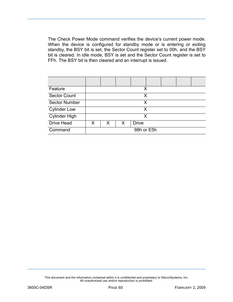 Check power mode - 98h, e5h, Check power mode — 98h, e5h, Table 48: check power mode — 98h, e5h | Silicon Image SiliconDrive SSD-C08G(I)-3600 User Manual | Page 70 / 107