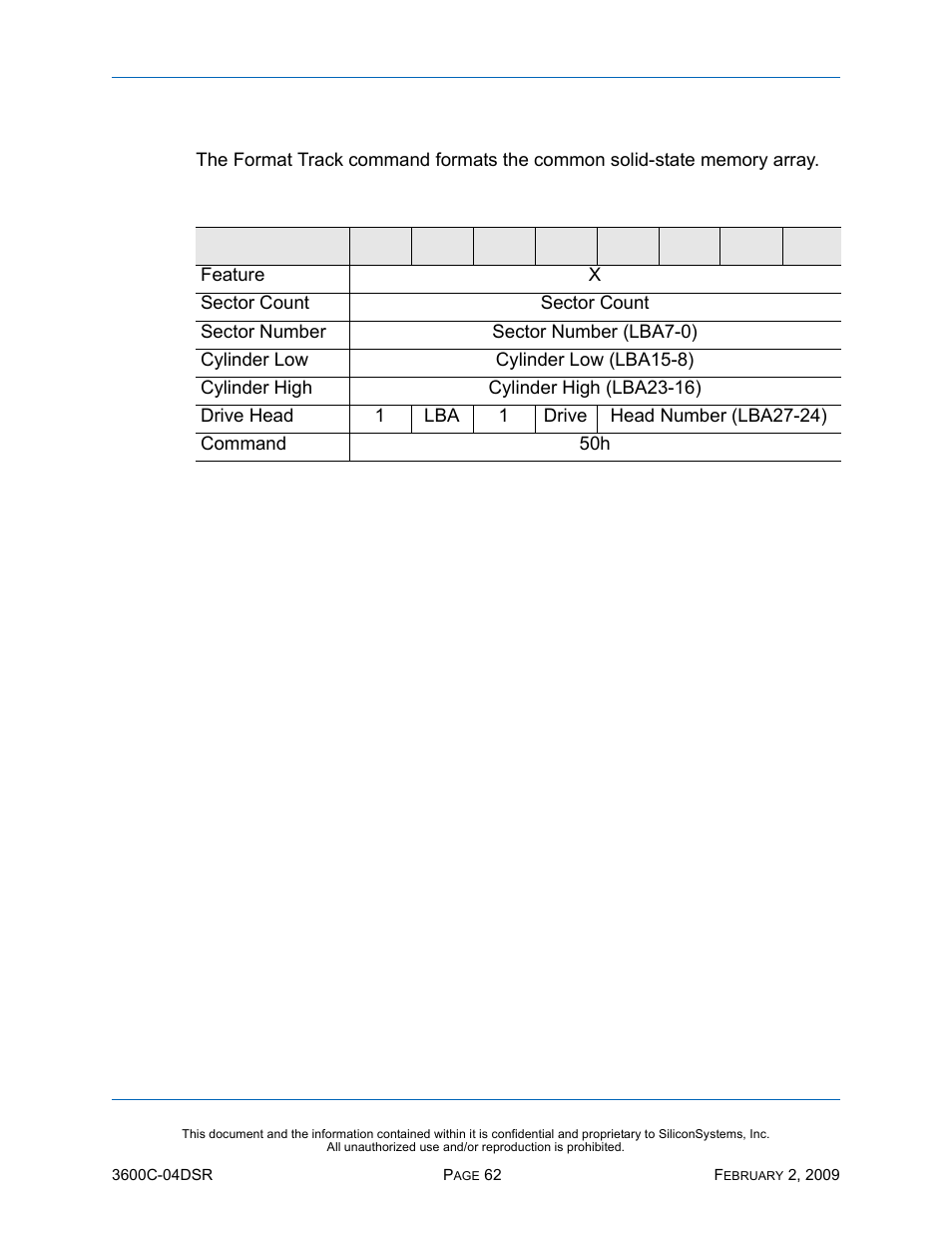 Format track - 50h, Format track — 50h, Table 50: format track — 50h | Silicon Image SiliconDrive SSD-C08G(I)-3600 User Manual | Page 72 / 107