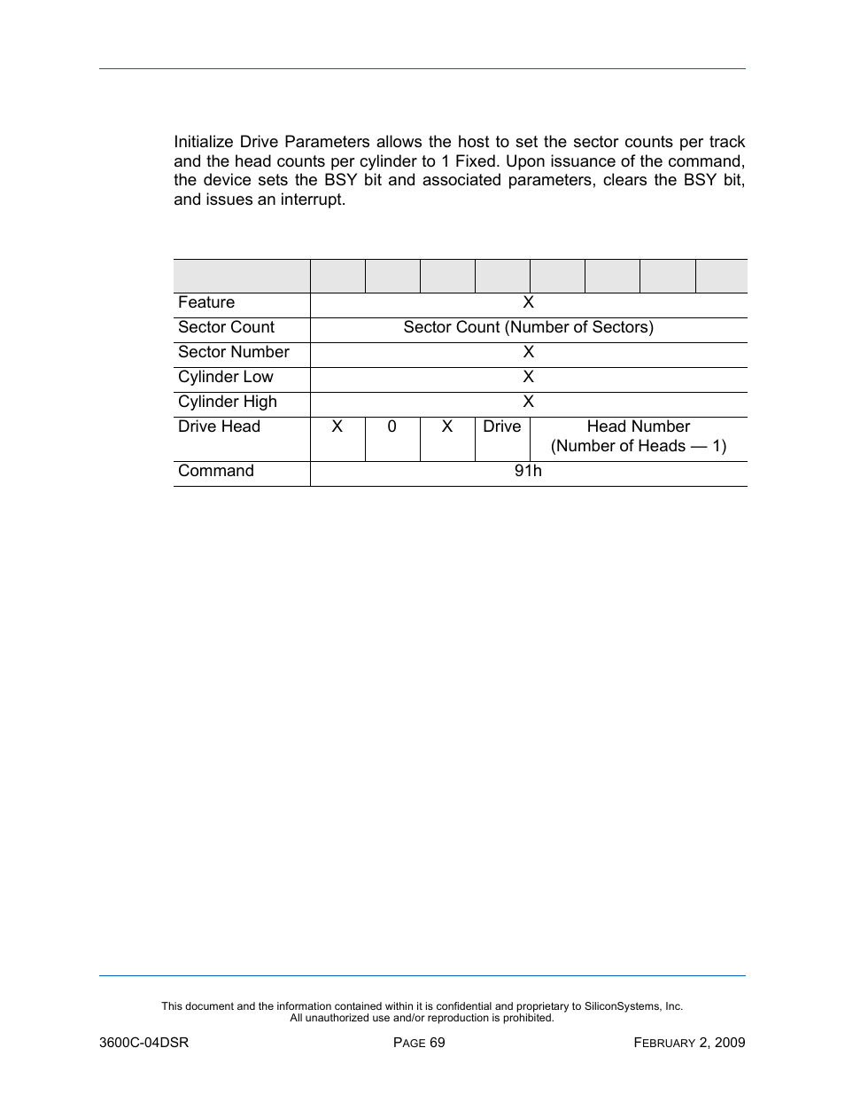 Initialize drive parameters - 91h, Initialize drive parameters — 91h, Table 55: initialize drive parameters — 91h | Silicon Image SiliconDrive SSD-C08G(I)-3600 User Manual | Page 79 / 107