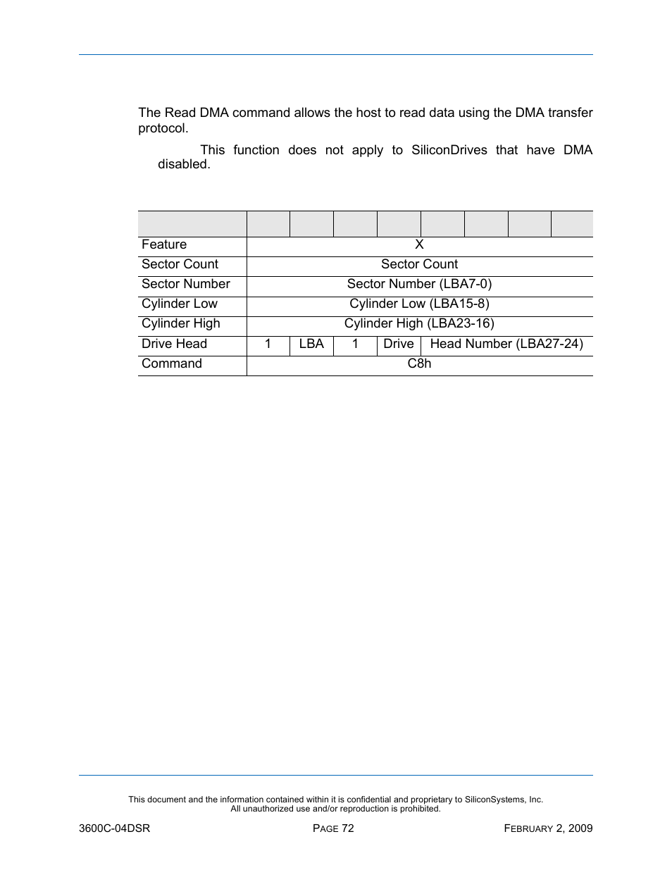 Read dma - c8h, Read dma — c8h, Table 58: read dma — c8h | Silicon Image SiliconDrive SSD-C08G(I)-3600 User Manual | Page 82 / 107