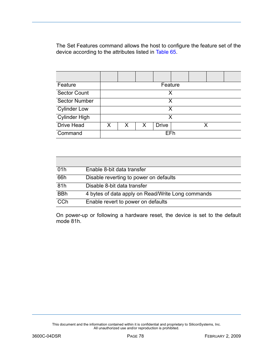 Set features - efh, Set features — efh, Table 64: set features — efh | Table 65: set features’ attributes | Silicon Image SiliconDrive SSD-C08G(I)-3600 User Manual | Page 88 / 107