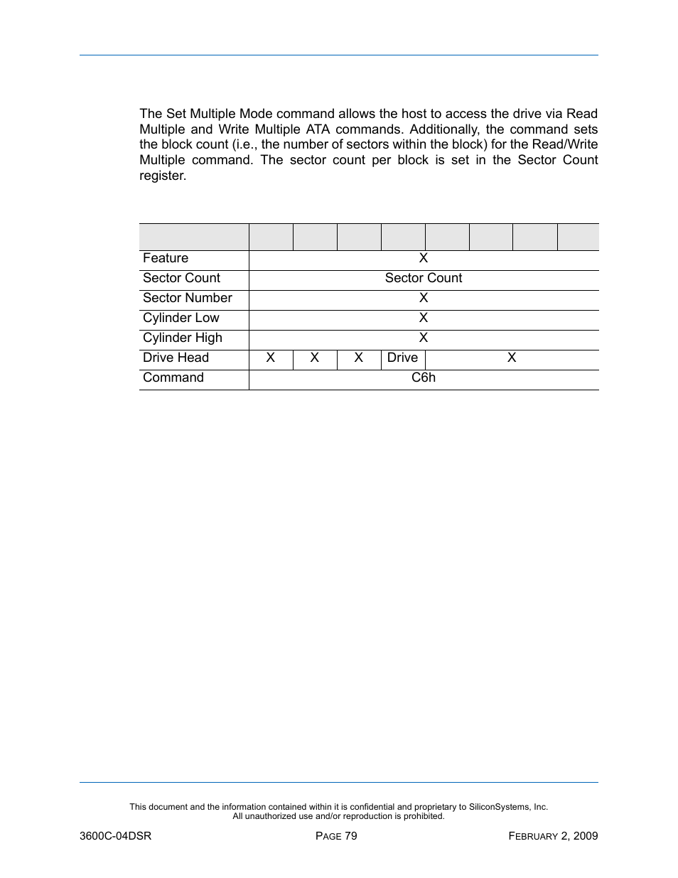 Set multiple mode - c6h, Set multiple mode — c6h, Table 66: set multiple mode — c6h | Silicon Image SiliconDrive SSD-C08G(I)-3600 User Manual | Page 89 / 107