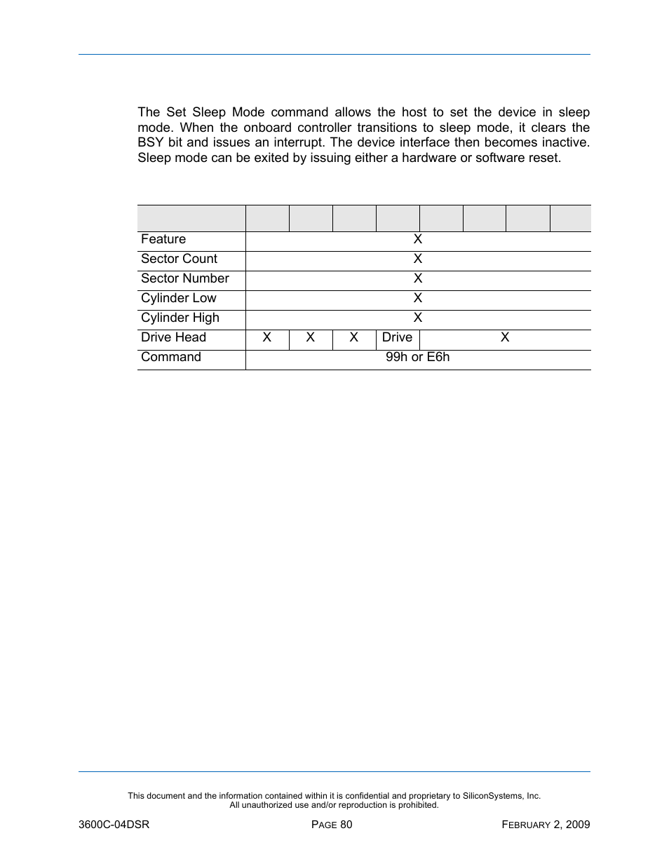 Set sleep mode - 99h, e6h, Set sleep mode — 99h, e6h, Table 67: set sleep mode — 99h, e6h | Silicon Image SiliconDrive SSD-C08G(I)-3600 User Manual | Page 90 / 107