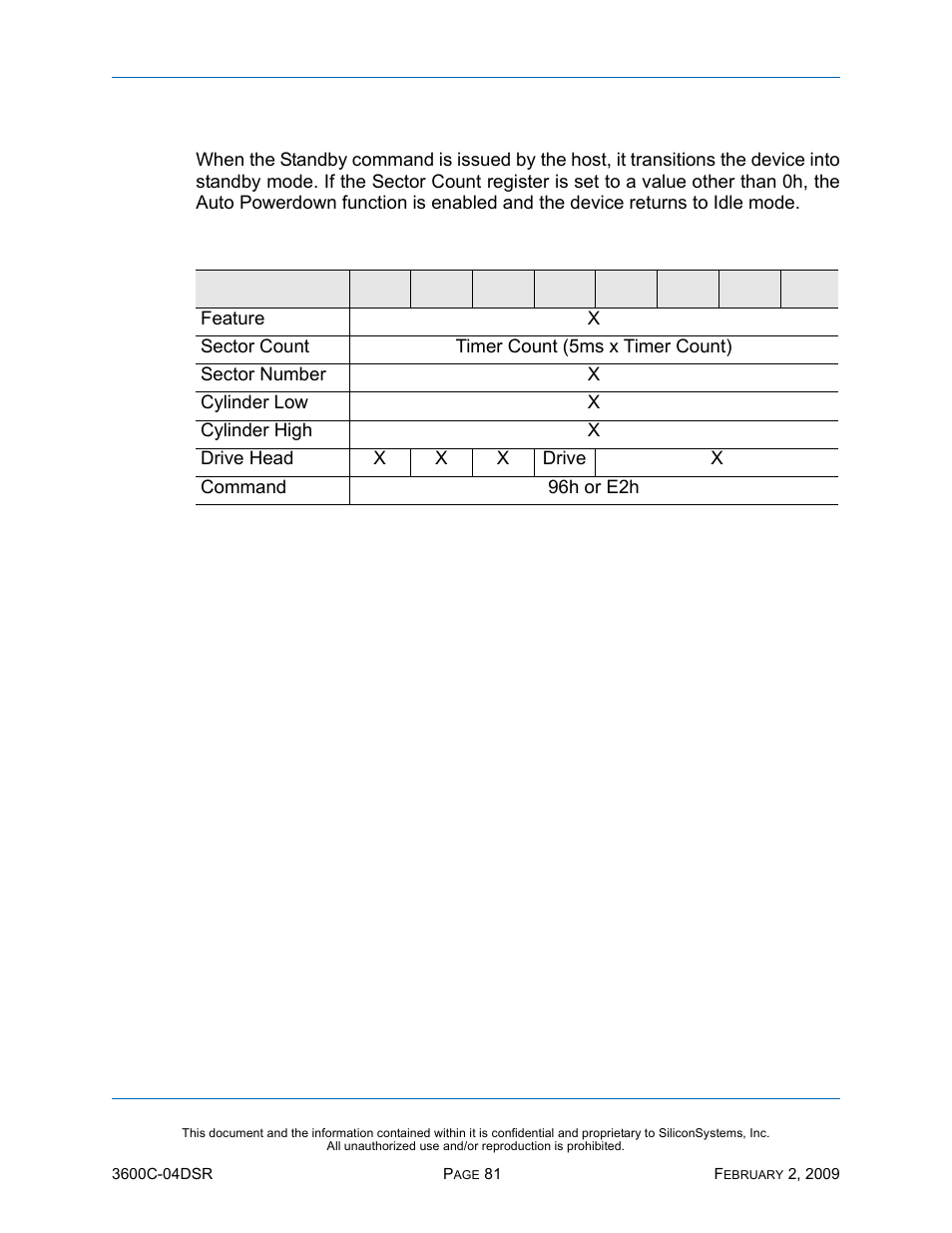 Standby - 96h, e2h, Standby — 96h, e2h, Table 68: standby — 96h, e2h | Silicon Image SiliconDrive SSD-C08G(I)-3600 User Manual | Page 91 / 107