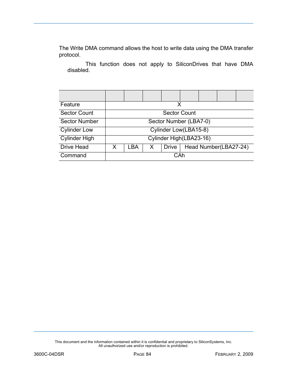Write dma - cah, Write dma — cah, Table 71: write dma — cah | Silicon Image SiliconDrive SSD-C08G(I)-3600 User Manual | Page 94 / 107