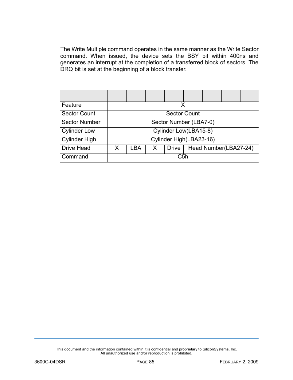 Write multiple - c5h, Write multiple — c5h, Table 72: write multiple — c5h | Silicon Image SiliconDrive SSD-C08G(I)-3600 User Manual | Page 95 / 107
