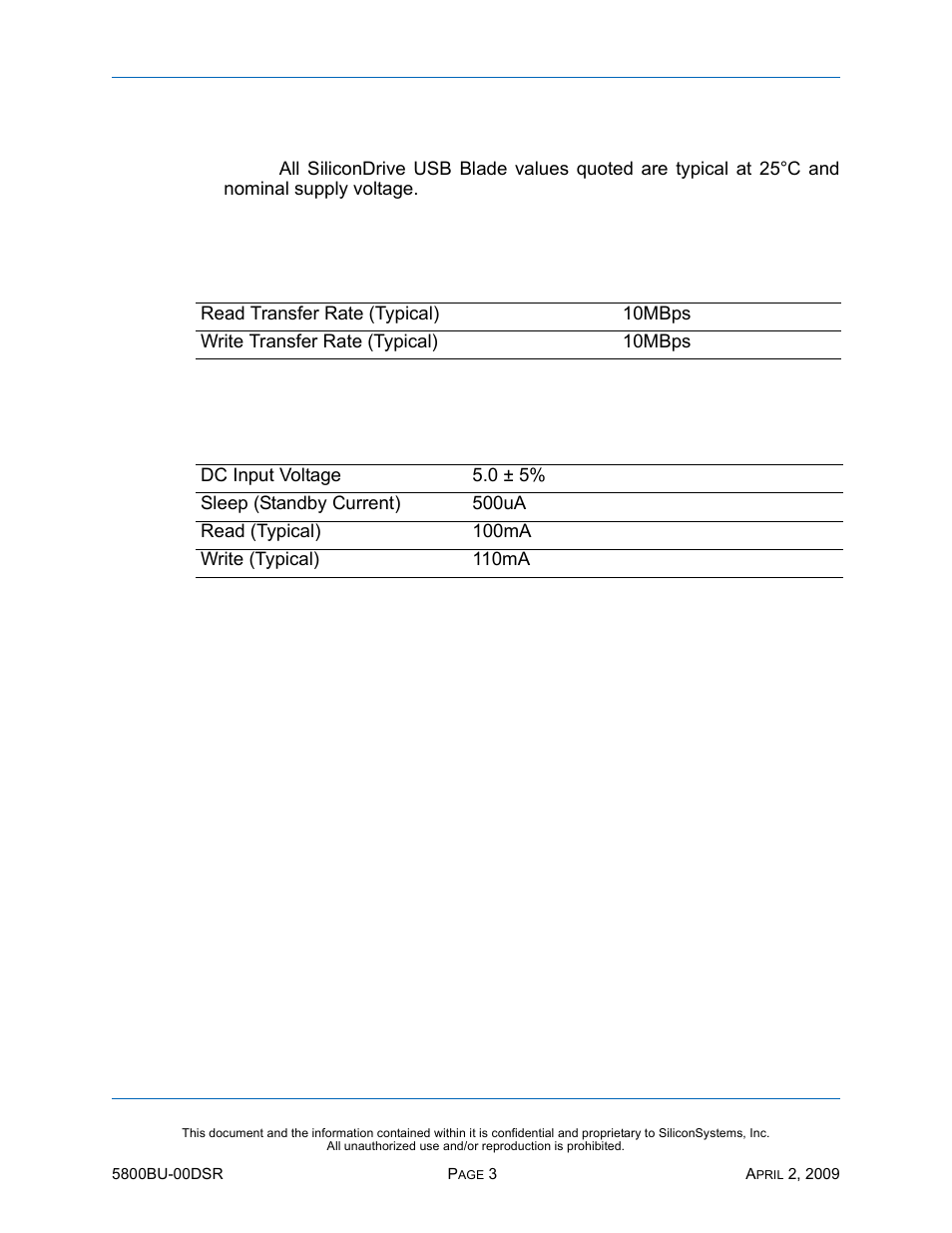 Product specifications, System performance, System power requirements | Table 2: system performance, Table 3: system power requirements | Silicon Image SiliconDrive 5800BU-00DSR User Manual | Page 8 / 16