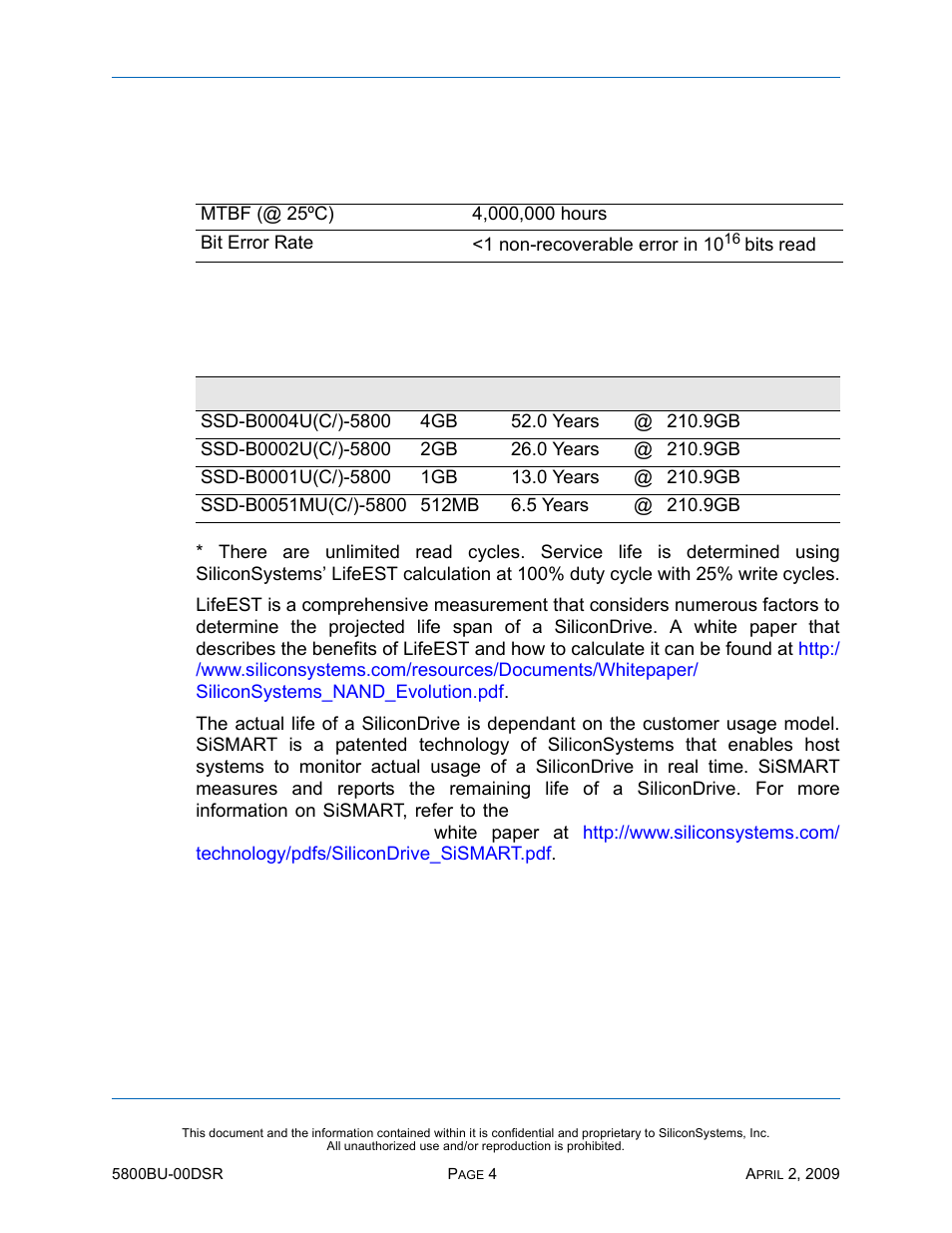 Reliability, Projected operational life span, Table 4: reliability | Table 5: operational life span | Silicon Image SiliconDrive 5800BU-00DSR User Manual | Page 9 / 16