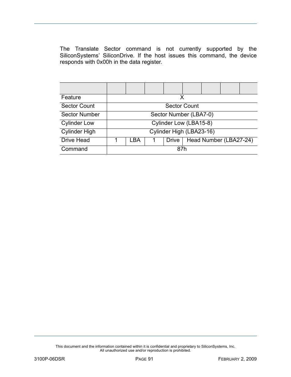 Translate sector - 87h, Translate sector — 87h, Table 78: translate sector — 87h | Silicon Image SiliconDrive SSD-P16G(I)-3100 User Manual | Page 101 / 108