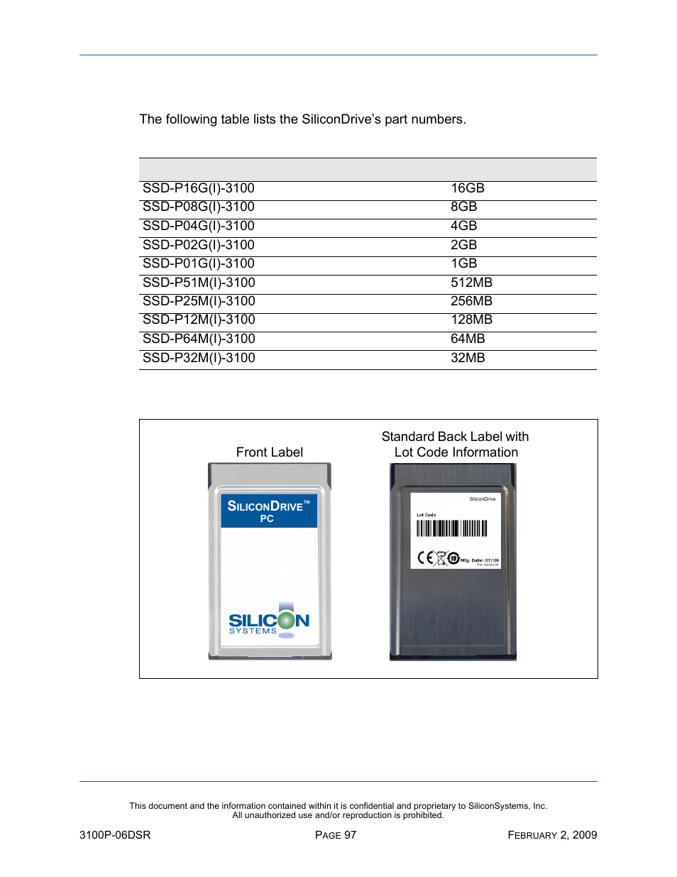 Part numbers, Sample label, Figure 8: sample label | Table 84: part numbers | Silicon Image SiliconDrive SSD-P16G(I)-3100 User Manual | Page 107 / 108