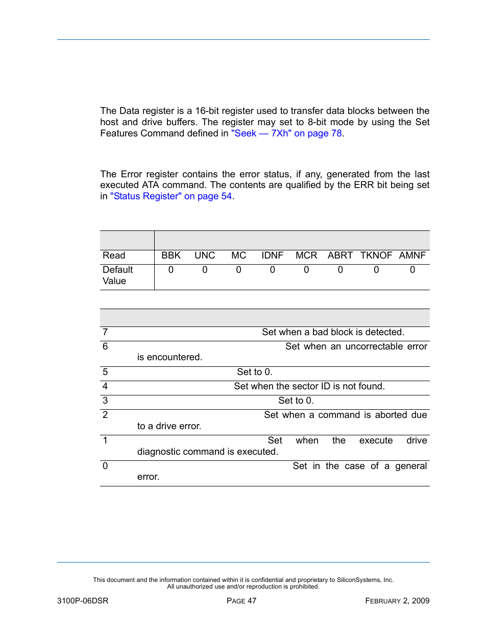 Ata registers, Data register, Error register | Table 34: error register, Ata r | Silicon Image SiliconDrive SSD-P16G(I)-3100 User Manual | Page 57 / 108