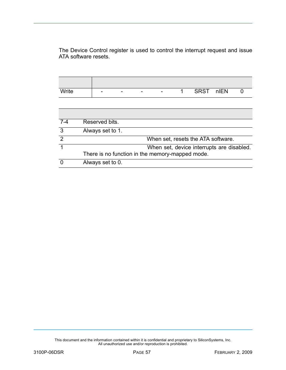 Device control register, Table 44: device control register | Silicon Image SiliconDrive SSD-P16G(I)-3100 User Manual | Page 67 / 108