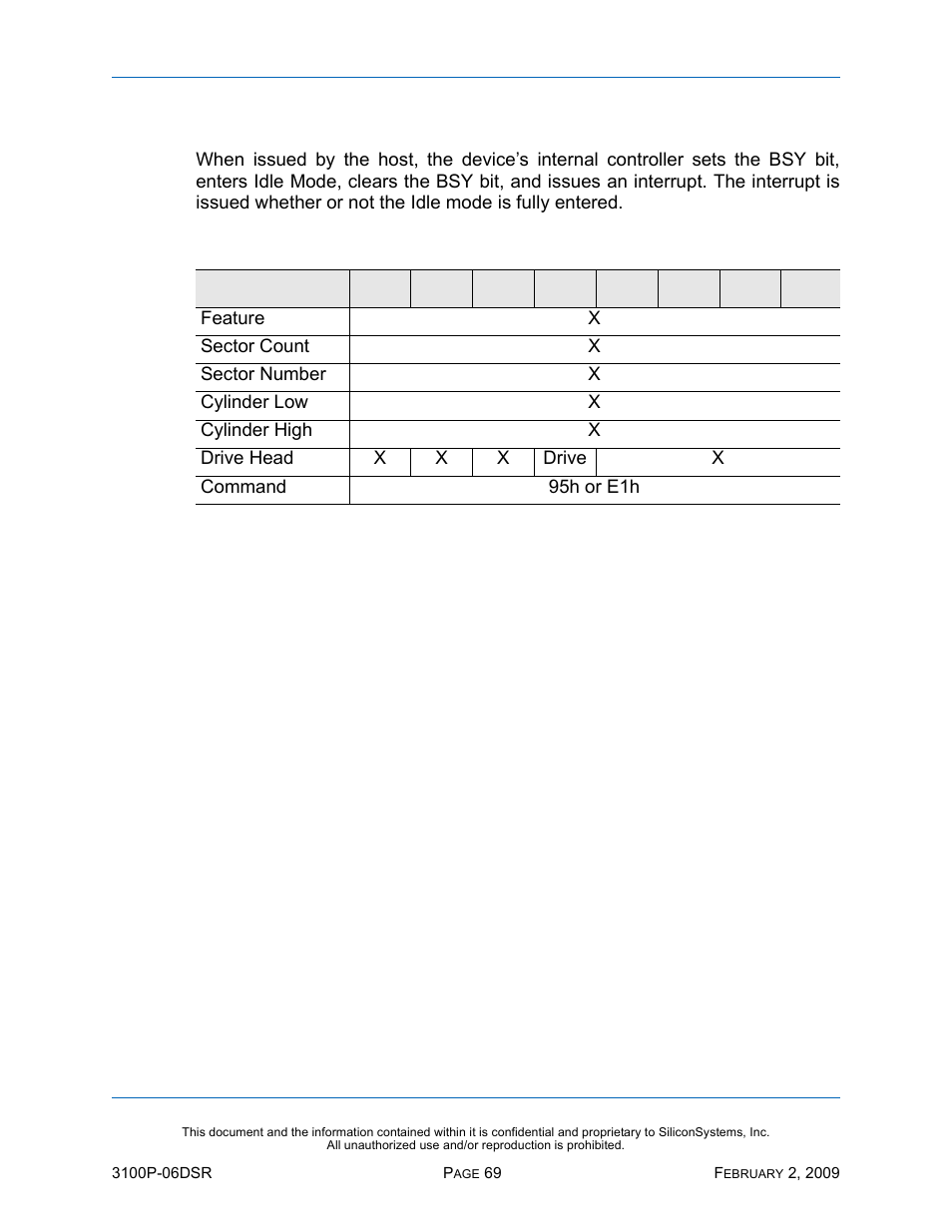 Idle immediate - 95h, e1h, Idle immediate — 95h, e1h, Table 54: idle immediate — 95h, e1h | Silicon Image SiliconDrive SSD-P16G(I)-3100 User Manual | Page 79 / 108