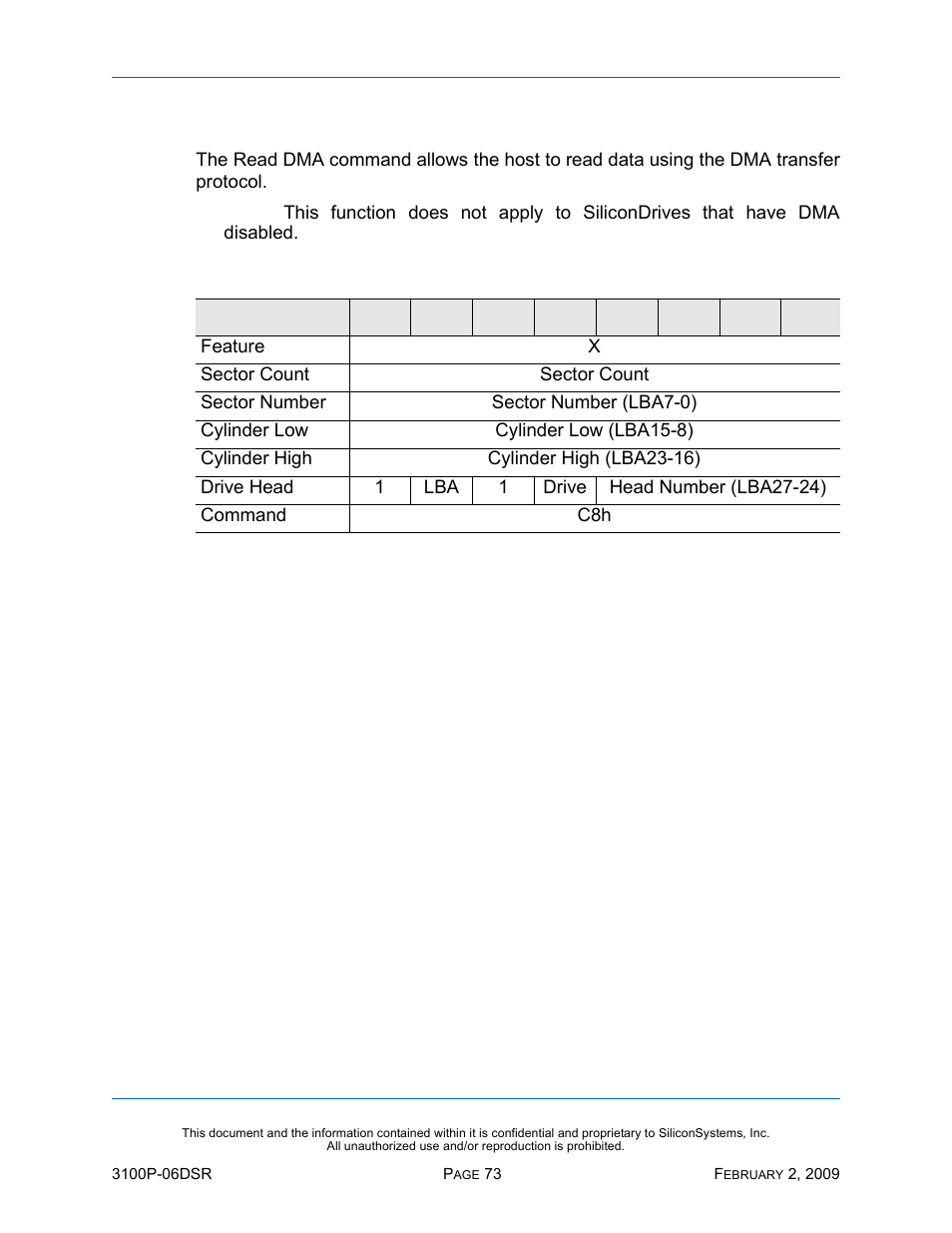 Read dma - c8h, Read dma — c8h, Table 58: read dma — c8h | Silicon Image SiliconDrive SSD-P16G(I)-3100 User Manual | Page 83 / 108