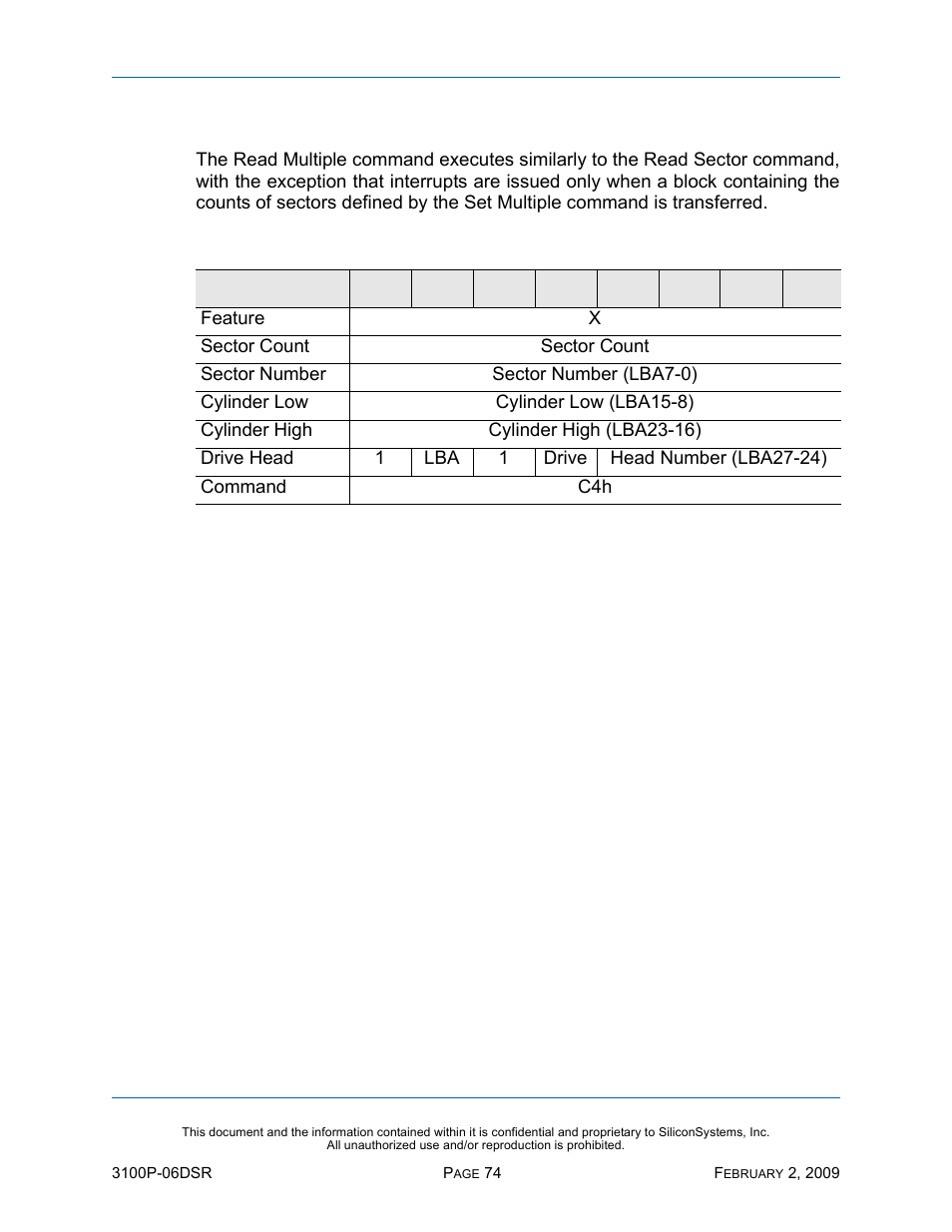 Read multiple - c4h, Read multiple — c4h, Table 59: read multiple — c4h | Silicon Image SiliconDrive SSD-P16G(I)-3100 User Manual | Page 84 / 108