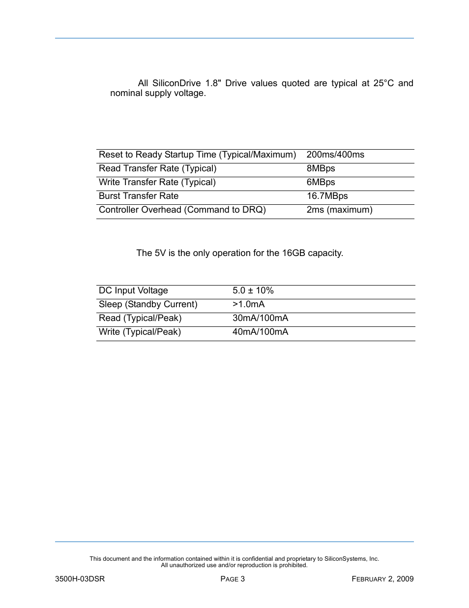Product specifications, System performance, System power requirements | Table 2: system performance, Table 3: system power requirements | Silicon Image SiliconDrive SSD-H16G(I)-3500 User Manual | Page 12 / 76