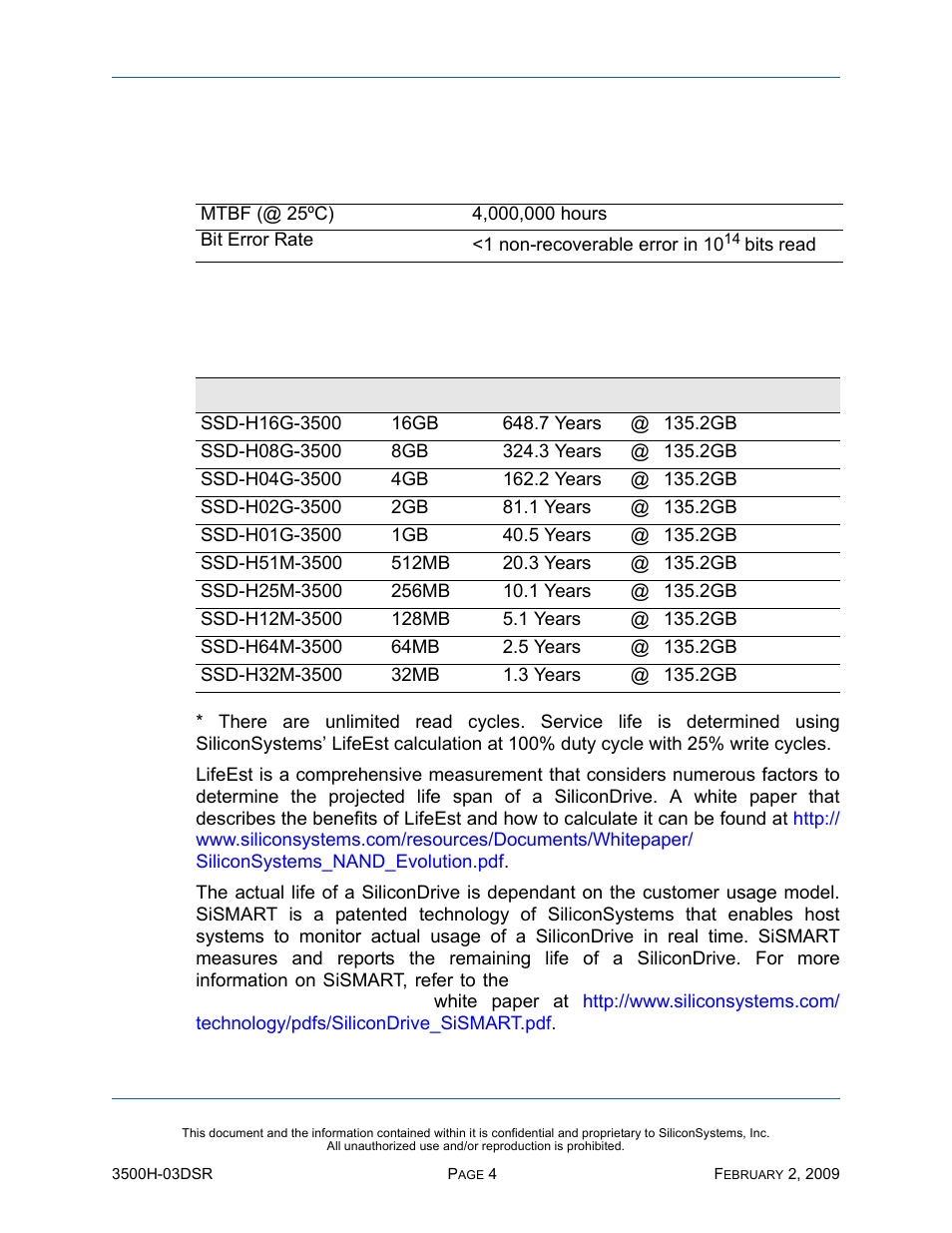 Reliability, Projected operational life span, Table 4: reliability | Table 5: operational life span | Silicon Image SiliconDrive SSD-H16G(I)-3500 User Manual | Page 13 / 76