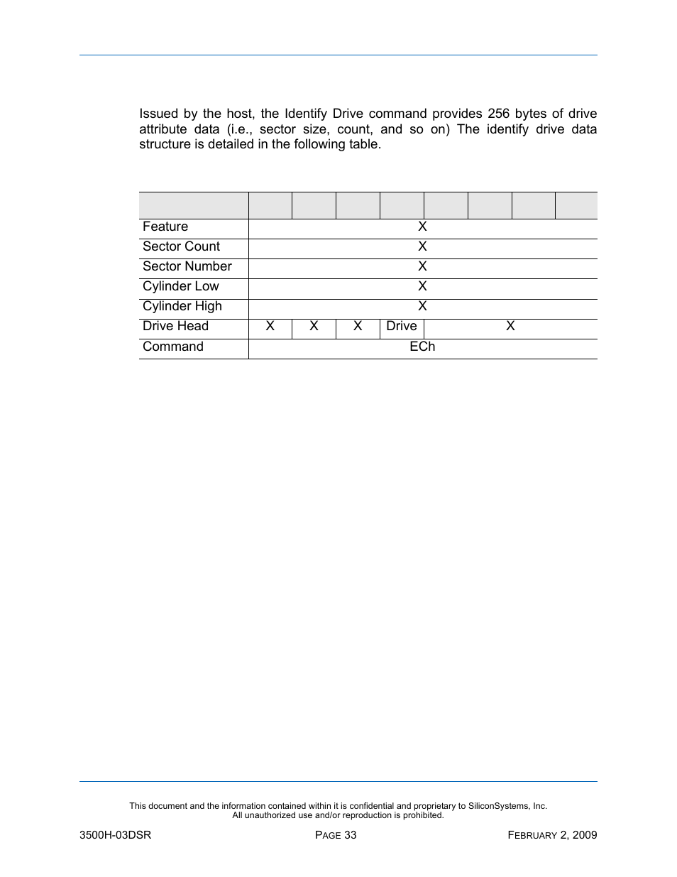 Identify drive - ech, Identify drive — ech, Table 35: identify drive — ech | Silicon Image SiliconDrive SSD-H16G(I)-3500 User Manual | Page 42 / 76