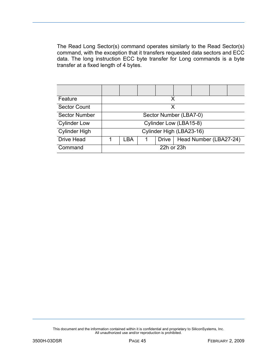 Read long sector(s) - 22h, 23h, Read long sector(s) — 22h, 23h, Table 45: read long sector(s) — 22h, 23h | Silicon Image SiliconDrive SSD-H16G(I)-3500 User Manual | Page 54 / 76