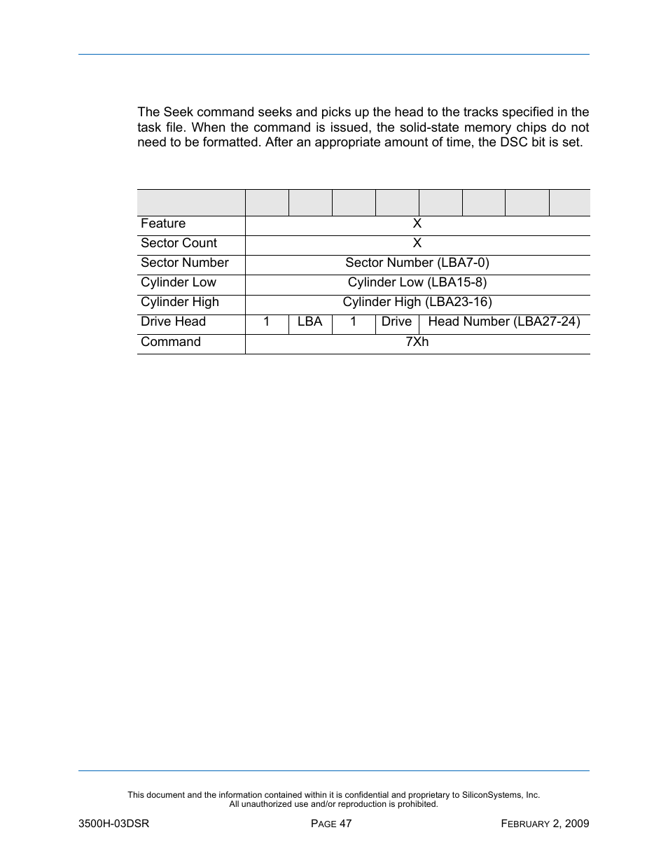 Seek - 7xh, Seek — 7xh, Table 47: seek — 7xh | Silicon Image SiliconDrive SSD-H16G(I)-3500 User Manual | Page 56 / 76
