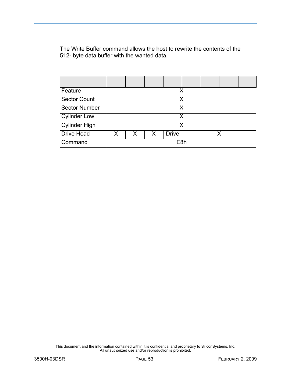 Write buffer - e8h, Write buffer — e8h, Table 54: write buffer — e8h | Silicon Image SiliconDrive SSD-H16G(I)-3500 User Manual | Page 62 / 76
