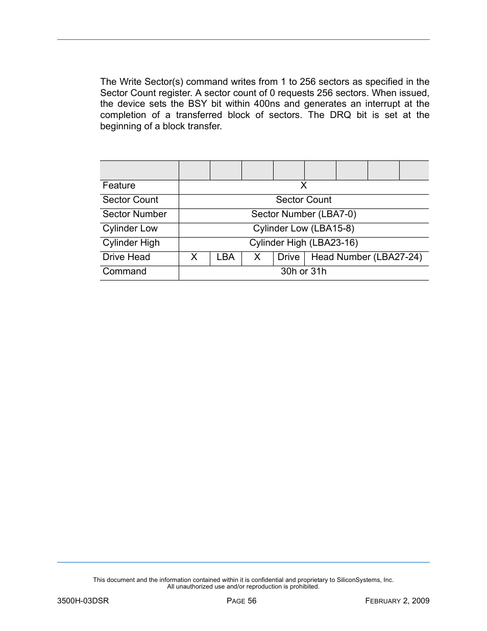 Write sector(s) - 30h, 31h, Write sector(s) — 30h, 31h, Table 57: write sector(s) — 30h, 31h | Silicon Image SiliconDrive SSD-H16G(I)-3500 User Manual | Page 65 / 76