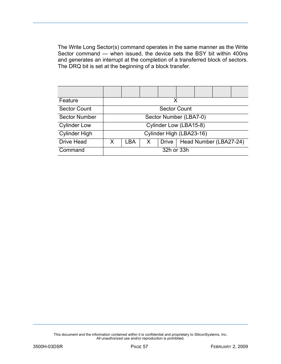 Write long sector(s) - 32h, 33h, Write long sector(s) — 32h, 33h, Table 58: write long sector(s) — 32h, 33h | Silicon Image SiliconDrive SSD-H16G(I)-3500 User Manual | Page 66 / 76