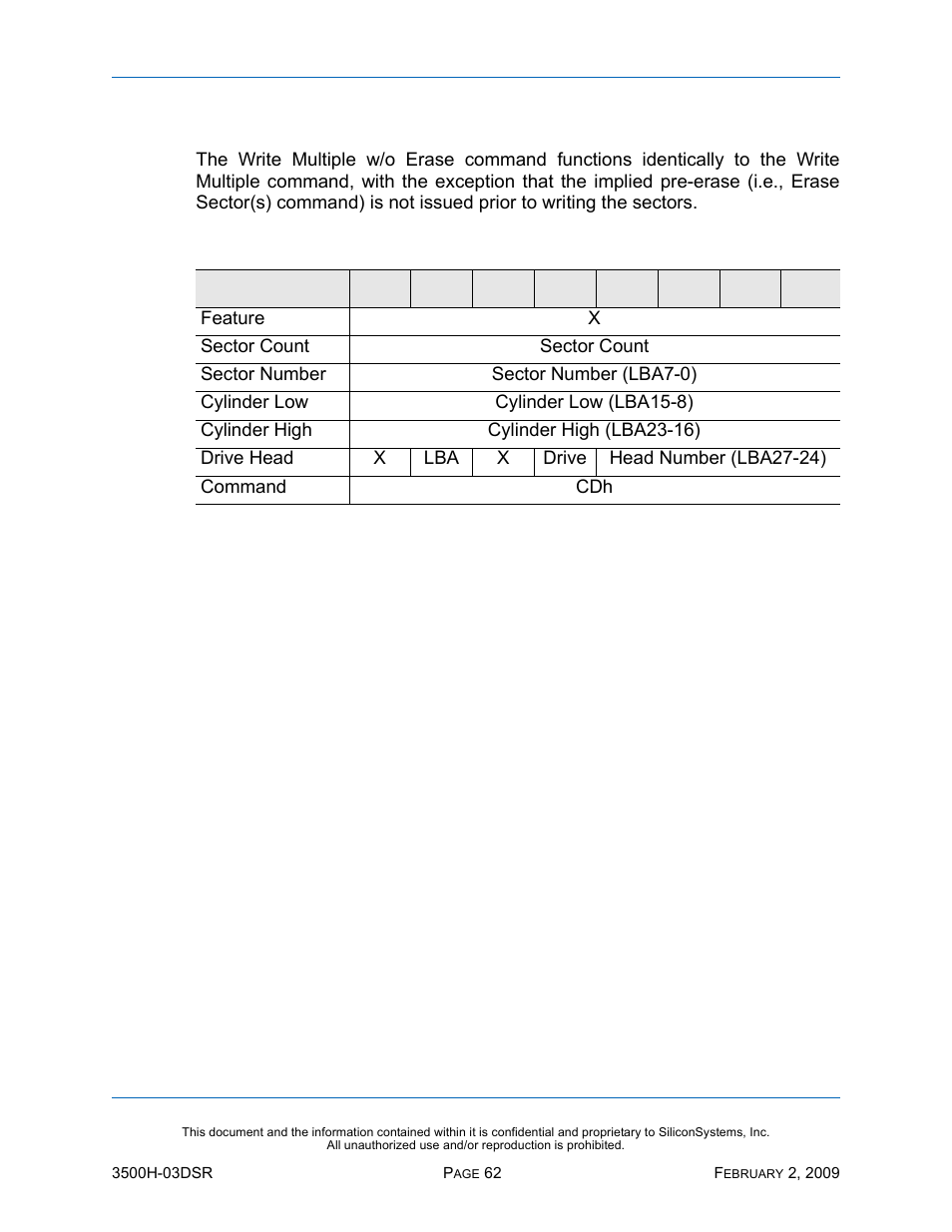 Write multiple w/o erase - cdh, Write multiple w/o erase — cdh, Table 64: write multiple w/o erase — cdh | Silicon Image SiliconDrive SSD-H16G(I)-3500 User Manual | Page 71 / 76