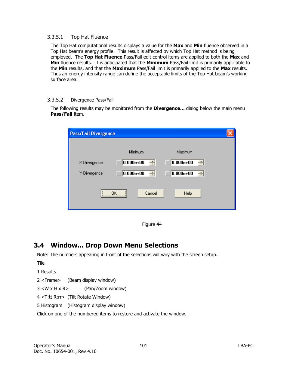 Top hat fluence, Divergence pass/fail, Window... drop down menu selections | 4 window... drop down menu selections | SIGMA LBA-708 User Manual | Page 101 / 281