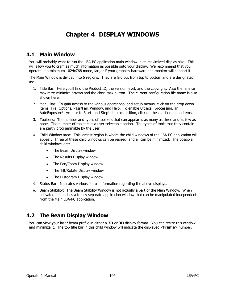 Display windows, Main window, The beam display window | Chapter 4, 1 main window, 2 the beam display window, Chapter 4 display windows | SIGMA LBA-708 User Manual | Page 106 / 281