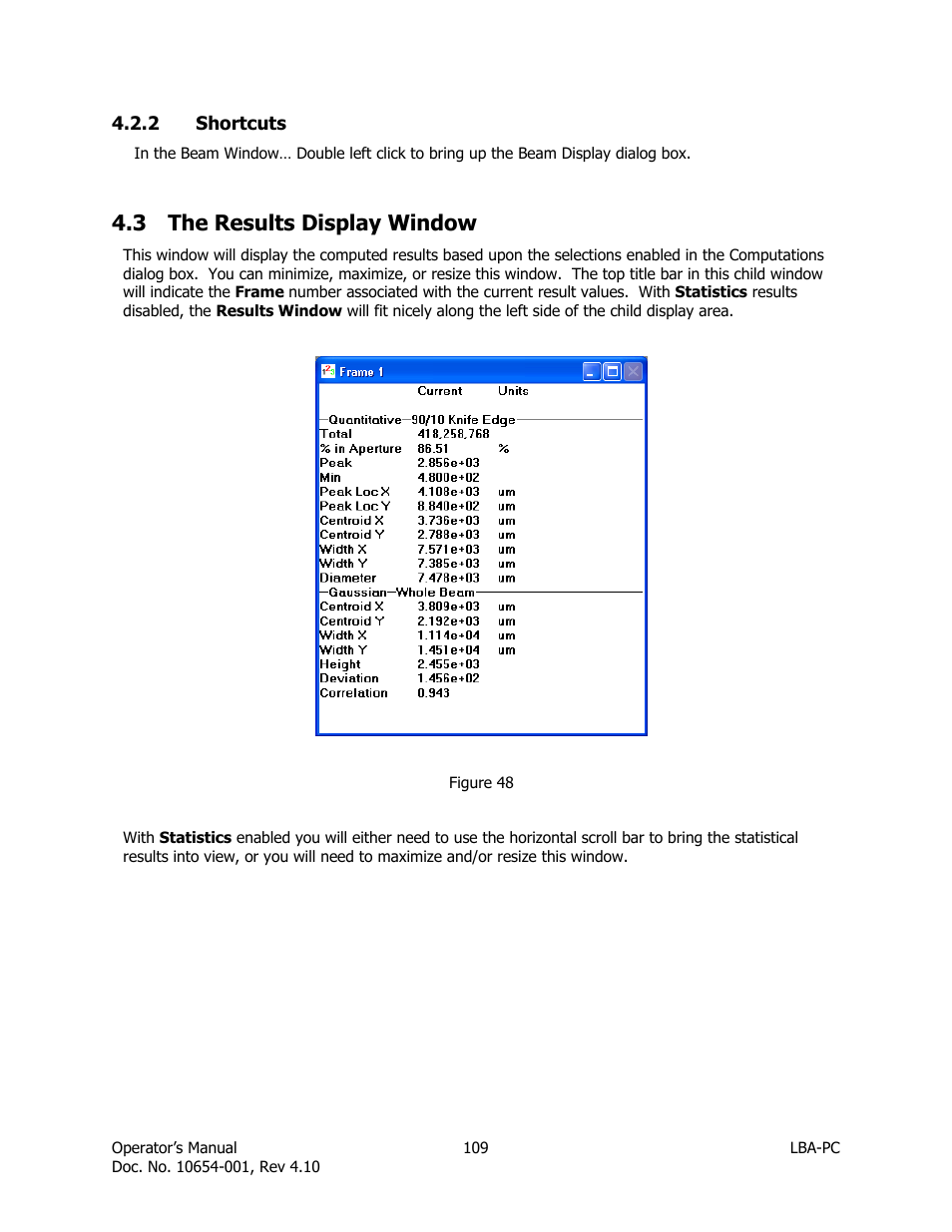 Shortcuts, The results display window, 3 the results display window | SIGMA LBA-708 User Manual | Page 109 / 281